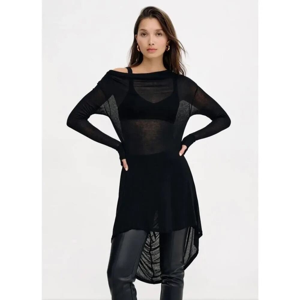 Marcella Yorkville Tunic Top XS Black Flowy Long Sleeve High Low Hem Sheer